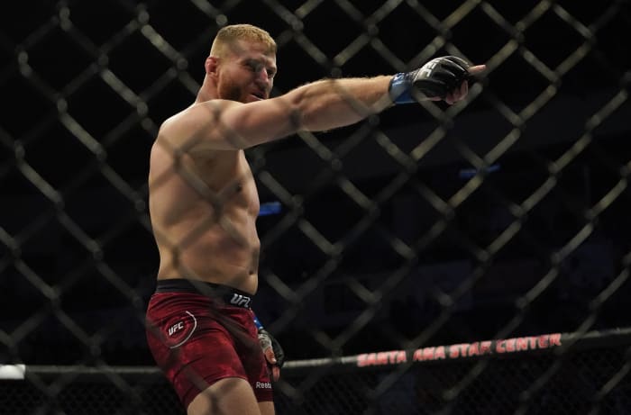 Corey Anderson fights Jan Blachowicz (not pictured) in the light heavyweight bout during UFC Fight Night at Santa Ana Star Arena.